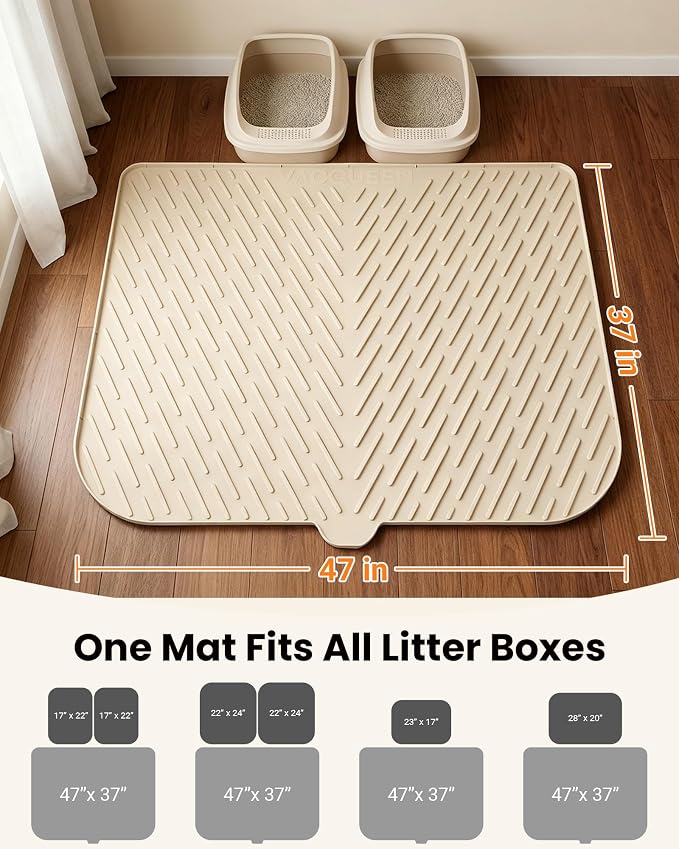 Cat Litter Mat, 47"x37" Extra Large Litter Box Mat, Silicone Mat, Beige | Waterproof Litter Trapping Mat for Scatter Control, Soft on Cat Paws Non-Slip Easy to Clean - Image 8