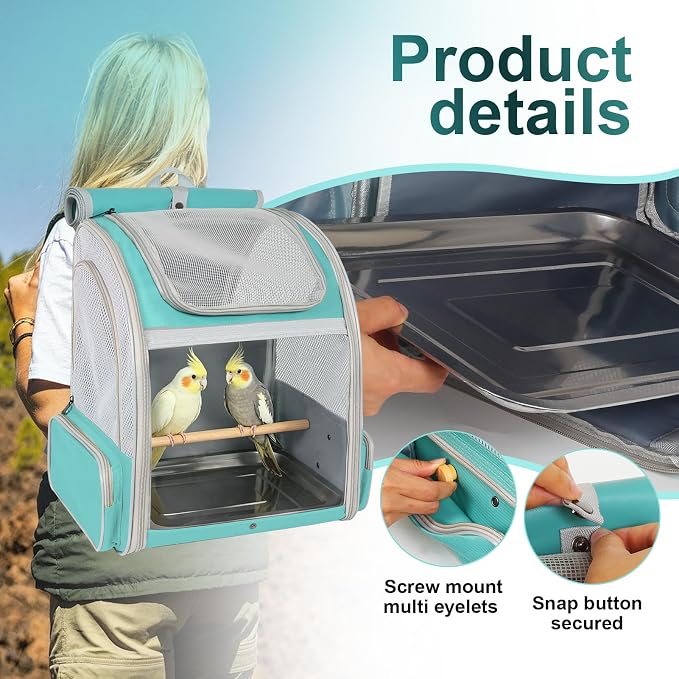 Bird Carrier Backpack for Small to Medium Bird, Portable Travel Carrier Cage with Standing Perch and Metal Tray (Green, Backpack Carrier) - Image 6