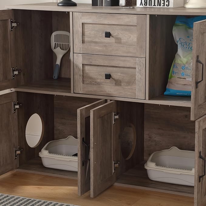 Forest Gravity Large Dog-Proof Double Cat Litter Box Enclosure with Storage for 2 Cats,Cat Washroom Cabinet with 2 Drawers,47.6'' Modern Dual Litter Box Furniture Cabinet with Compartments,Grey - Image 10