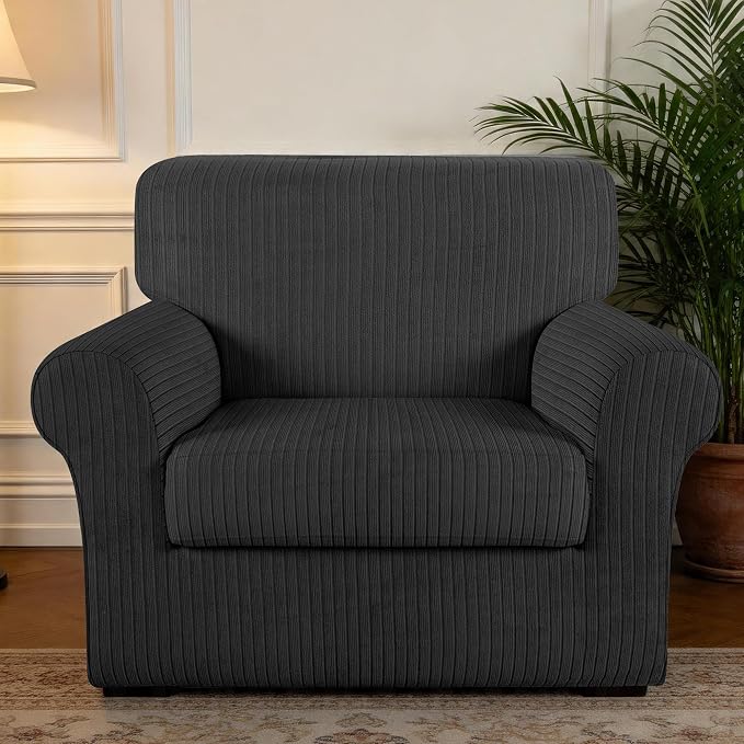 Armchair Cover Stretching Skid Resistance Couch Cover for Pets Washable, Thick and Durable Soft High Spandex Striped Pattern Sofa Covers, Form Fitted Chair Slipcover(Armchair, Black) - Image 7