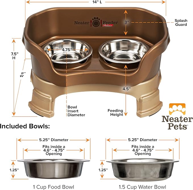 Neater Feeder Deluxe Mess-Proof Elevated Cat Bowls, 2 Height Adjustable (6” & 7.5”) No-Spill Raised Cat Bowl Stand, Whisker Friendly Stainless Steel Dishes for Indoor Cats, Made in USA, Bronze - Image 9