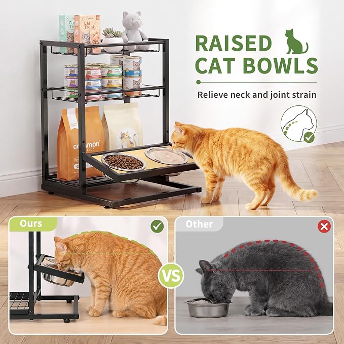 Elevated Cat Bowl Stand Feeding Station, 3-Tier Cat Food Organizer & Storage, Pet Feeding Station with Cat Table, Cat Food Stand for Large Medium Cats, 3 Height Adjustable, Black - Image 7