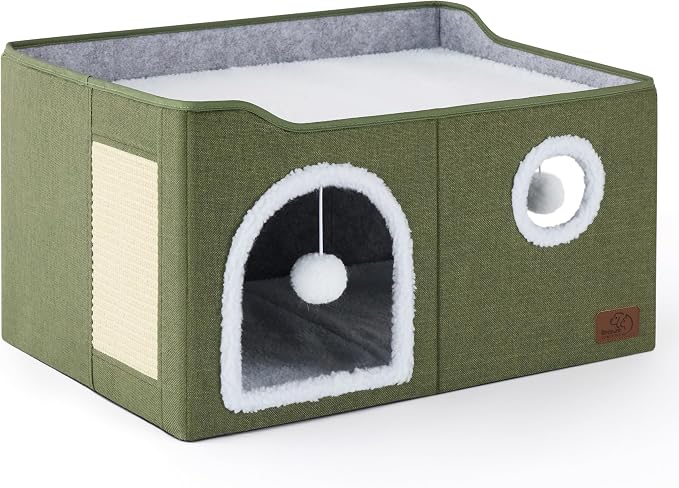 Bedsure Extra Wide Cat House Bed with Fluffy Ball and Scratch Pad | Loden Green,23.6x16.9x13 in,Indoor Cat Cave for Multiple Pets, Foldable Cat Hideway Cube for Sleeping Large Cat and Kitten - Image 10