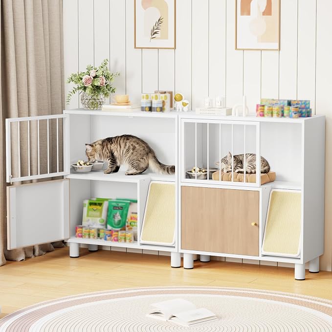 Metal Cat Feeding Station, Dog Proof Cat Feeding Station, Pet Food Storage | Cat Food Table, Raised Bowls for Indoor Cats, Elevated Food Bowls with Stand, Cat House with Scratching Board, Metal White - Image 8