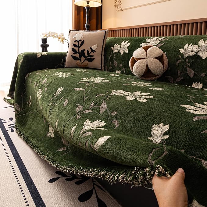 STACYPIK Garden Floral Green Couch Cover Vintage Jacquard Chenille Sofa Cover Reversible, Botanical Floral Couch Slipcover for 3 Cushion Couch, Dog Loveseat Sofa Cover Versatile Throw Blanket-71X134IN - Image 9