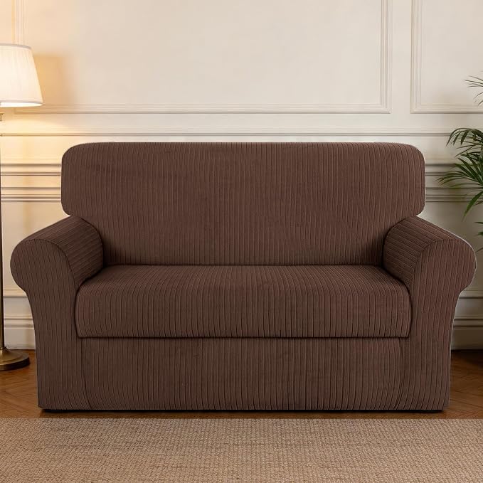 Loveseat Cover Stretching Skid Resistance Couch Cover for Pets Washable, Thick and Durable Soft High Spandex Striped Pattern Sofa Covers, Form Fitted Love Seat Slipcover(Loveseat, Chocolate) - Image 7