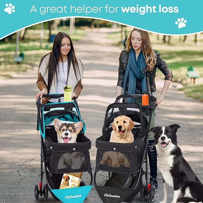 Pet Stroller,Dog Stroller for Small Medium Dogs Cats,3 Wheels,Foldable,with Breathable Mesh Canopy,Cup Holders,Easy Assembly,Mint Green