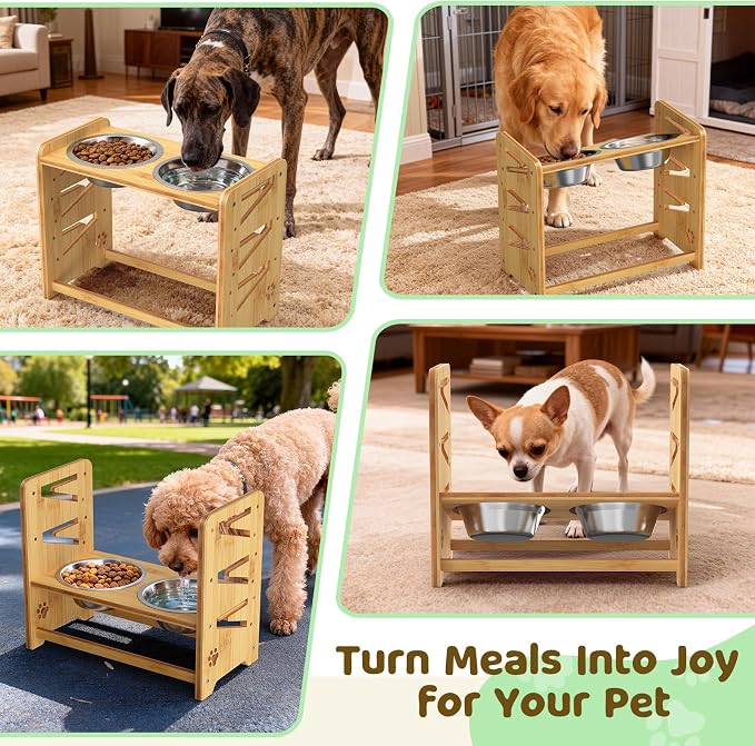 Elevated Dog Bowls, Adjustable Raised Dog Bowl Stand for Large and Medium Pet, 15" High Bamboo Pet Food Feeder with 2 Stainless Steel Dishes(6 Heights) - Image 7