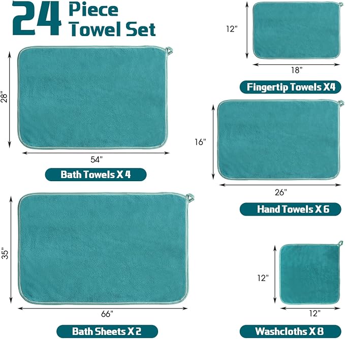 Mixweer 24 Piece Teal Microfiber Absorbent Towel Set: 2 Oversized Bath Sheets, 4 Bath Towels, 6 Hand, 8 Washcloths, 4 Fingertip for Bathroom Spa Gym Camping Beach - Image 6