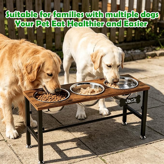 SHAINFUN Adjustable Height Elevated Dog Bowl Stand – Wooden Raised Dog Bowls with Three 58oz Stainless Steel Bowls & Mat for Small to Large Dog Breeds - Image 7