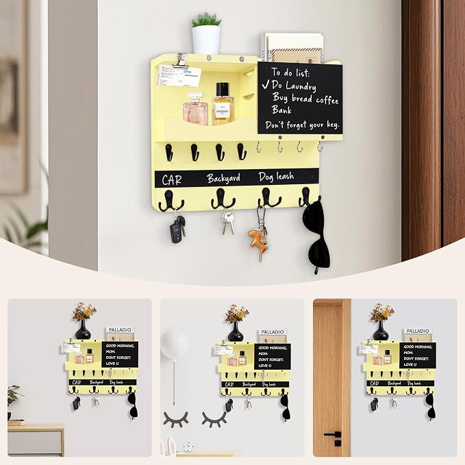 Key Holder for Wall Mount with Shelf and Mail Organizer, Key and Mail Holder with 16 Hooks, Farmhouse Entryway Organizer, Home Decor Rack(Pine Wood,Ivory Yellow) - Image 8