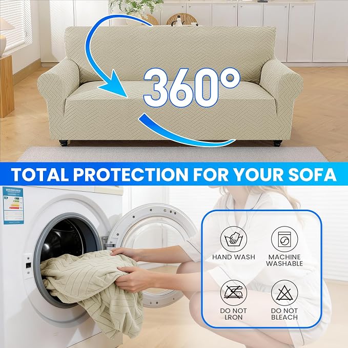Stretch Sofa Cover Non-Slip Washable Furniture Protector | Stretch, 55"-69".Soft, Non Skid Foam, Elastic Bottom, Machine Washable, for Kids & Pets, Couch & Sofa, Khaki - Image 8