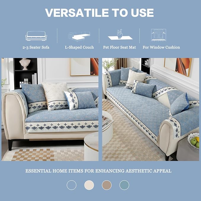 DREAMINGO Sofa Seat Cover, Washable Chenille Sofa Protector for Pets Kids, European Embroidery Jacquard 3 Cushion Couch Slipcover, Versatile Living Room Furniture Cover 35.4"x70.9", Blue - Image 7