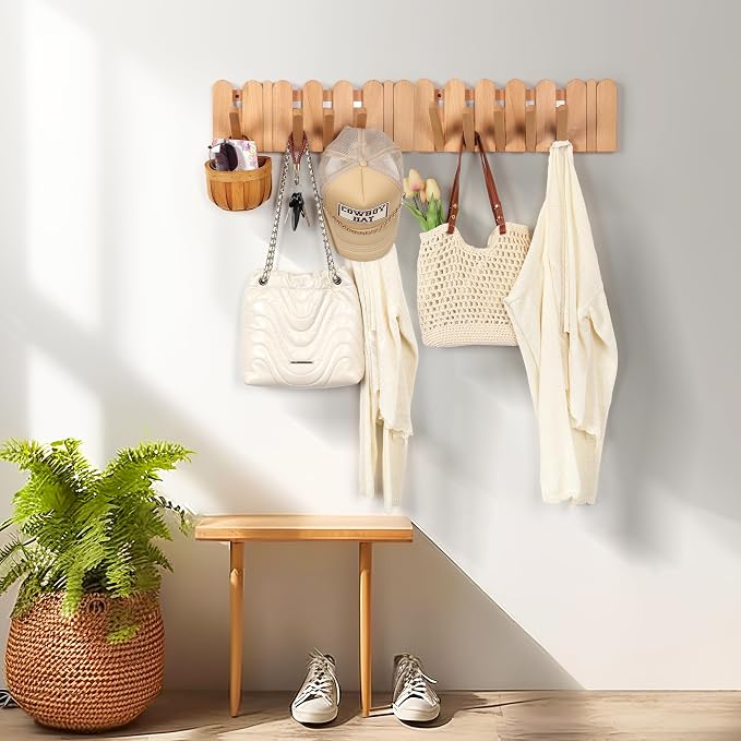 Wooden Boho Wall Mount Coat Rack 6 Hooks 16.8'' | Entryway Hanger with Magnetic Foldable Hooks Mounted, Space Saving for Hanging Jacket Bag for Apartments & Modern Homes - Image 9