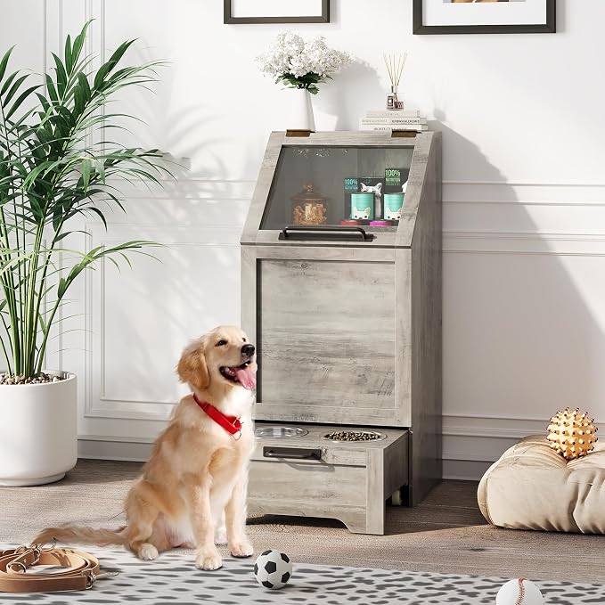 Dog Feeding Station with 2 Elevated Dog Bowls, Pet Feeding Station,Flip Top Pet Food Cabinet,Pet Food Container,Pet Toy Storage Organizer,Modern Storage Organizer,Grey - Image 9