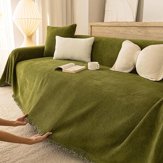 Green Boho Couch Covers for Sofa Washable for 2 Cushion Couch,71''X118'' | Chenille Furniture Protector Sofa Couch Cover for Dogs, Soft Breathable Sofa Slipcover, Couch Throw Blankets with Tassels - Image 9