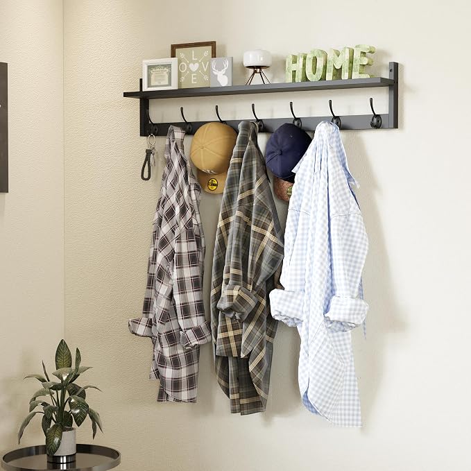 BAMEOS Wall Hooks with Shelf 35 Inch Length Entryway Hanging Shelf Wood Coat Hooks Wall-Mounted Coat Hook Rack with 7 Dual Hooks for Bathroom, Living Room, Bedroom (Black) - Image 8