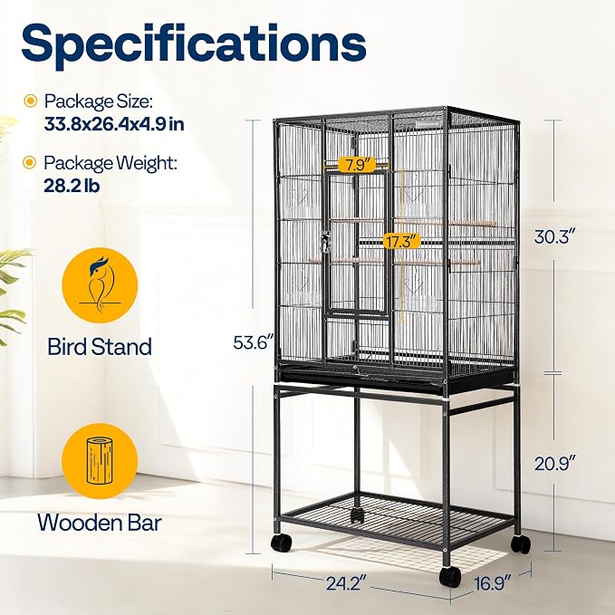 VIVOHOME 54 Inch Wrought Iron Large Bird Cage with Rolling Stand | Bird Flight Cage with Stand, Casters, Slide-out Tray for Parakeets Canaries Parrot Cockatiels Lovebirds Conures, Black - Image 7