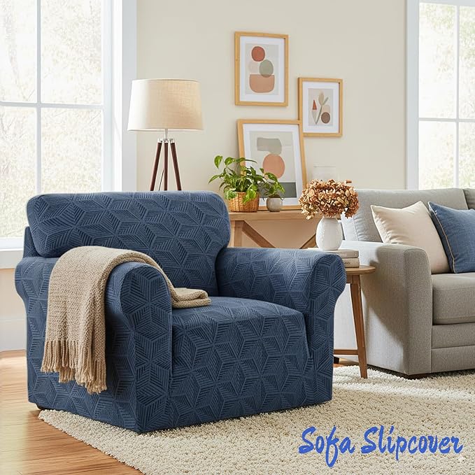 YEMYHOM 1 Piece Stretch Chair Sofa Slipcovers Couch Covers for 1 Seat, Jacquard Armchair Covers with Non-Slip Elastic Bottom, Thickened Furniture Protector for Dogs Pets kids (Small, Navy) - Image 8