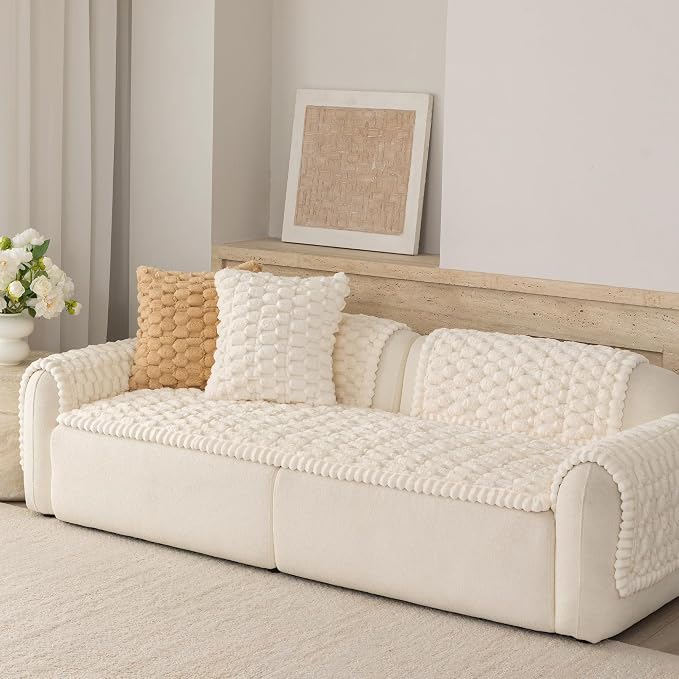 Upgraded Washable Non Slip Dog Couch Cover, Soft Thick Fuzzy Sofa Slipcover, Pet Friendly Furniture Protector for Sofa Couch(White,28"x94") - Image 7