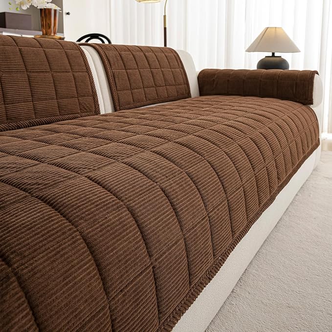 Velvet Couch Covers for Sectional Sofa Washable, Non-Slip L Shaped Sectional Couch Cover, Soft Pet Couch Covers for Sofa, Furniture Slipcovers for 3 Cushion Couch(1PC,35"x94",Dark Brown) - Image 8