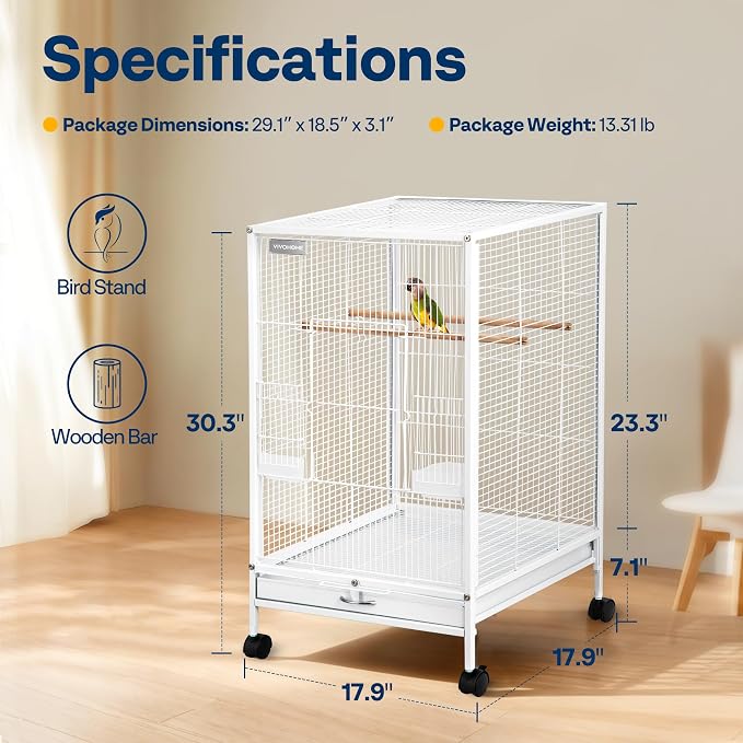 VIVOHOME Wrought Iron Bird Cage with Rolling Stand, 30 Inch Height | Standing Bird Flight Cage with Casters, Slide-out Tray for Parakeets Cockatiels Lovebirds Canaries Finches Conures, Whtie - Image 7