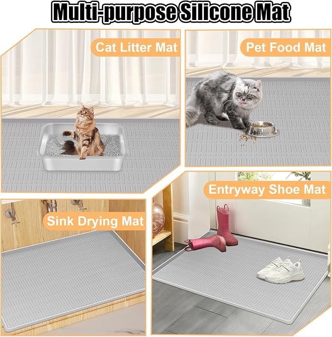 Silicone Cat Litter Mat 47" x 35" Cat Mat for Litter Box, Light Grey | Extra Large Cat Litter Trapping Mat for Floor, Waterproof, Non-Slip Kitty Litter Box Mat with Raised Edge, Easy to Clean - Image 8