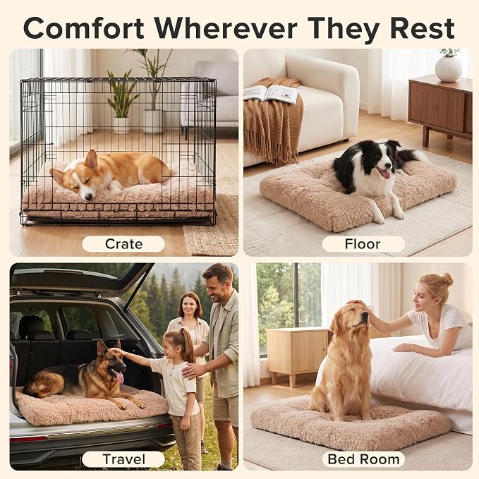JOEJOY Dog Bed Crate Pad, Deluxe Plush Washable Dog Beds Fulffy Soft Kennel Pad Anti-Slip Pet Sleeping Mat for Medium Small Dogs, 29" x 21", Beige - Image 8