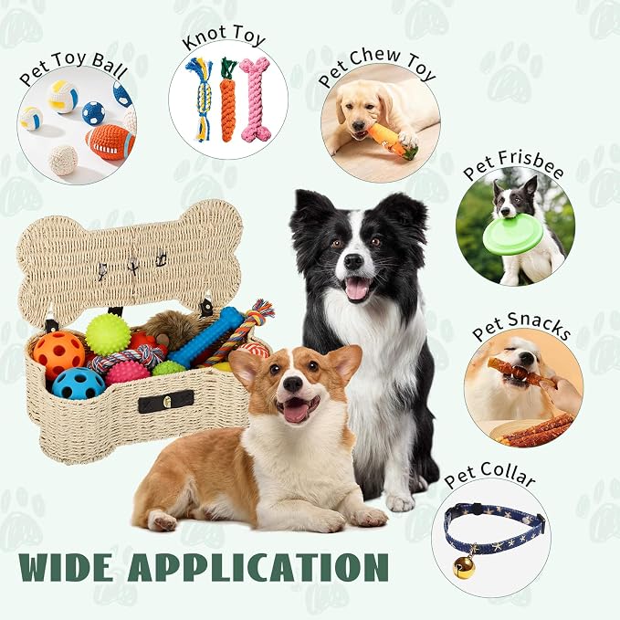 Bone Shaped Storage Basket Large Dog Toy Basket with Lid and Handles Dog Toy Bin Wicker Woven Bone Pet Organizer for Storing Frisbee Blankets Treats Pet Supplies - Image 7