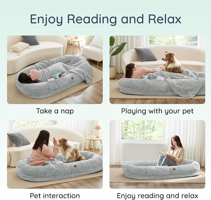 ChiXnuggle Orthopedic Human Dog Bed,with Faux Fur Washable Cover,Blanket | light grey,72*40*10,giant dog bed for adult or extra large dogs,egg crate foam,non-slip bottom - Image 7