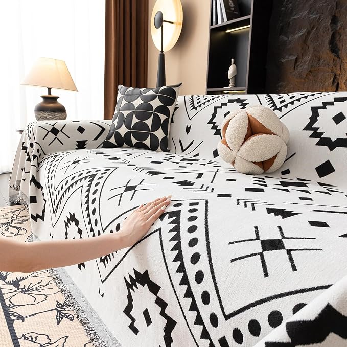 VClife Bohemian Sofa Cover Extra Large Couch Cover for 3-4 Cushion Couch Sofa, Black and White Aztec Geometric Chenille Sofa Slipcover for Home Decor 71" X 150" - Image 9