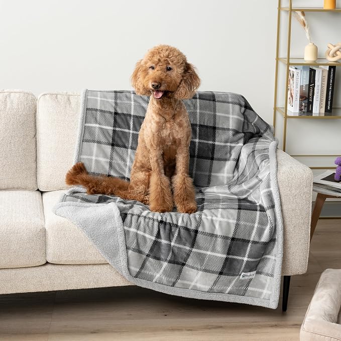 PetAmi Waterproof Dog Blanket for Couch, Large 60x40, Pee Proof Sherpa Fleece Reversible Pet Throw, Furniture Protector for Bed Sofa Kennel, Soft Washable Cover for Medium Dogs Cats, Plaid Light Grey - Image 7