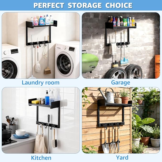 HUFAND 15" Wall Mounted Broom Holder and Mop Organizer with Shelf and Hook | Black Broom Holder Wall Mount, 4 Grippers, 3 Movable S-Hooks, For Garage And Laundry Room Storage - Image 6