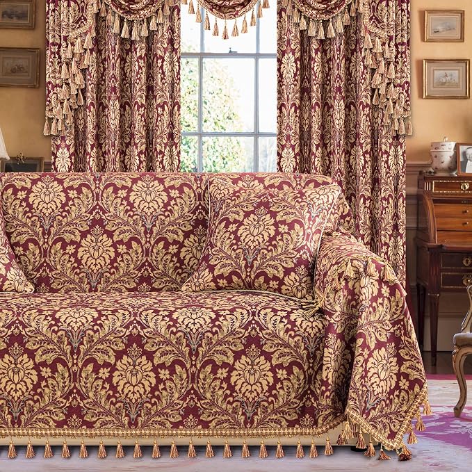 Loom and Mill Luxury Jacquard Sofa Arm Covers 2 PCS, Burgundy Red, 14x14in | Elegant Damask Couch Armrest Cover with Tassels, Non-Slip Furniture Protector for Chair Sofa Recliners Couch Dogs Pets - Image 8