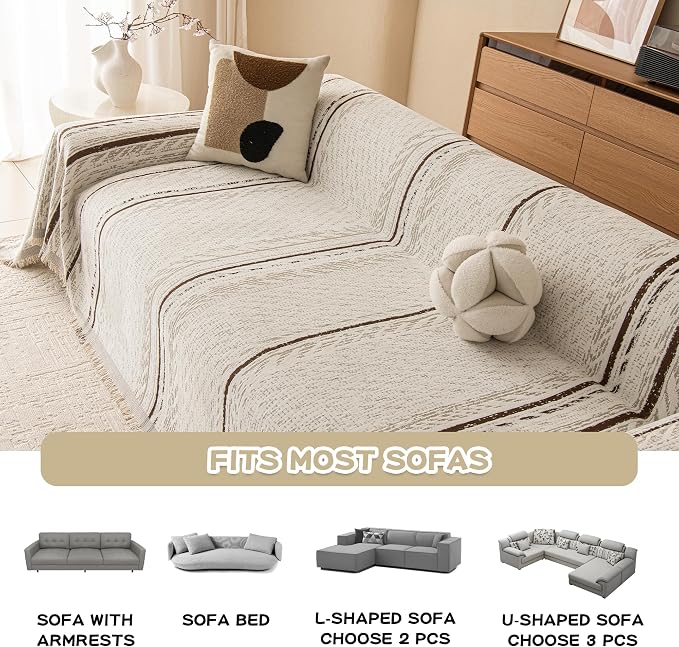 MEETSKY Boho Couch Covers for Sofa, Couch Covers for Dogs, Modern Sofa Slipcover for Sectional Sofa Covers Washable, Chenille Blend Thick Fabric Couch Blanket Cover for Living Room, 71" x 118", Beige - Image 7