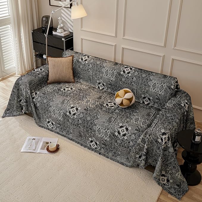 DREAMINGO Couch Covers for Sofa Boho Geometric Jacquard Vintage Sofa Covers 3 Seater Non Slip Chenille Furniture Protector for Dogs Pets Washable Sectional Couch Slipcovers, Black, 71"x150" - Image 7