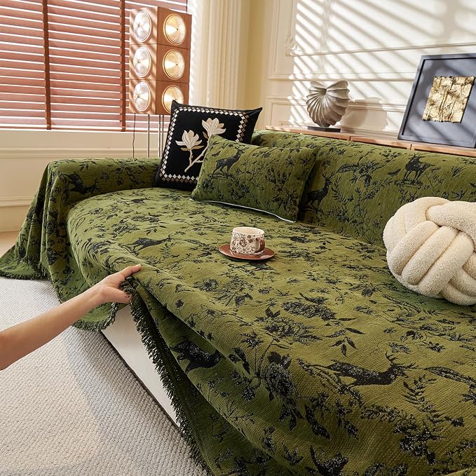 ROOMLIFE Green Couch Cover Sofa Covers, Chenille Couches Covers for 3 Cushion Sofas, Non Slip Soft Breathable Sofa Slipcovers for Pet, Washable Furniture Protector with Tassel,71''X134” - Image 9