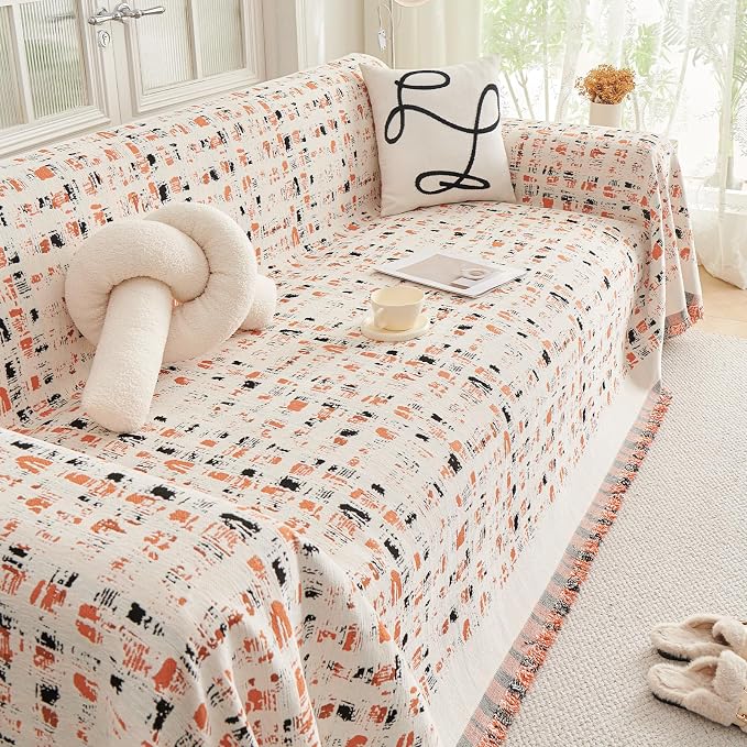 DREAMINGO Abstract Chenille Couch Cover Blanket Beige Orange Black Boho Sofa Cover, Washable Furniture Protector, Universal Slipcover for Couch, Geometric Brushstroke Jacquard, Large 71"x118" - Image 7