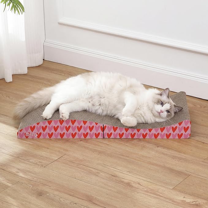 Eero 32" Modern Foldable Lounge Cat Scratcher with Catnip, Large Corrugated Cardboard Sofa Scratching Pad for Indoor Cats, Hearts, Pink CSR1011F - Image 9