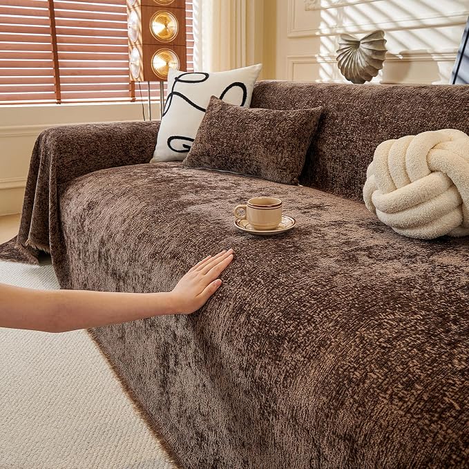 ROOMLIFE Brown Couch Cover 3 Cushion Sofa, Washable Non Slip Furniture Sofa Protector Cover, Soft Chenille Sofa Slipcovers Sectional L Shape Dogs Couch Cover Throw Blanket with Tassels 71''X134'' - Image 9