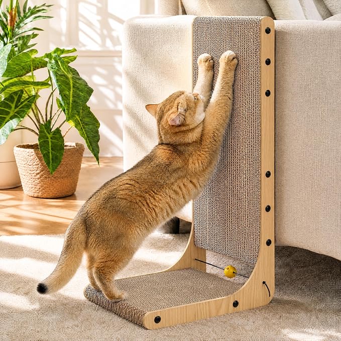 FUKUMARU Cat Scratcher 2 Packs, 25 Inch Cat Scratching Boards, L Shaped Pad | Cardboard Cat Scratcher for Indoor Cats, Vertical Scartch Pads with Ball Toy, Kitten Scratching Post Wall, Wood Color - Image 7