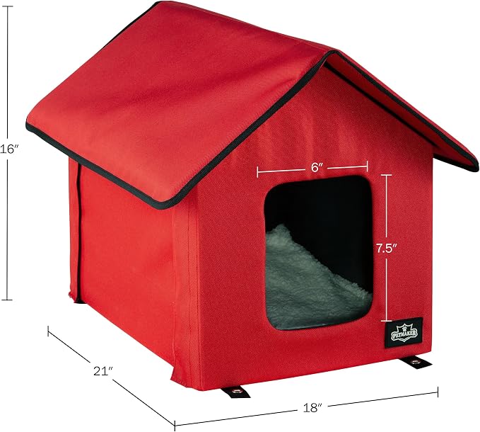 Heated Cat House - Double-Door Cat Bed with Zippered Roof, Pet Heating Pad, and Sherpa Cover - for Garage, Porch, Barn, or Basement by PETMAKER (Red) - Image 6