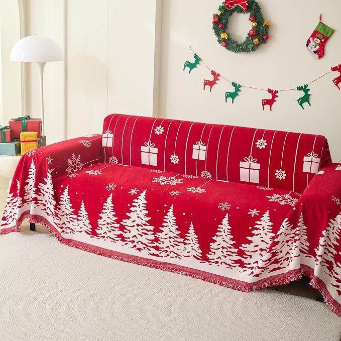 MEETSKY Christmas Couch Cover for Sectional Sofa, Chenille Loveseat Red Sofa Covers Washable for Pet Friendly Cedar Decorative Couch Covers, 71" x 102" - Image 7