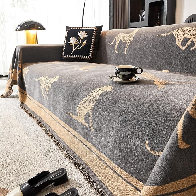 Chenille Sofa Cover with Tassels, Non-Slip Couch Cover for Seat Sofas, Washable Furniture Protector for Pets & Kids, Modern Leopard Pattern Chenille Blanket (Grey, 90"x118") by Evaloome
