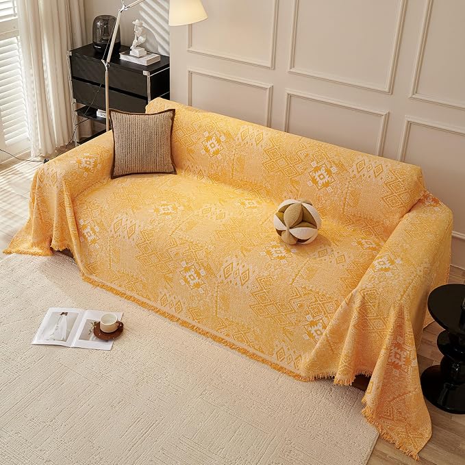 DREAMINGO Couch Cover - Geometric Jacquard, Yellow, Boho Vintage Loveseat Couch Covers for Dogs Washable, Chenille Furniture Protector Sectional Sofa Slipcovers 2 Seater, Large 71"x118" - Image 7