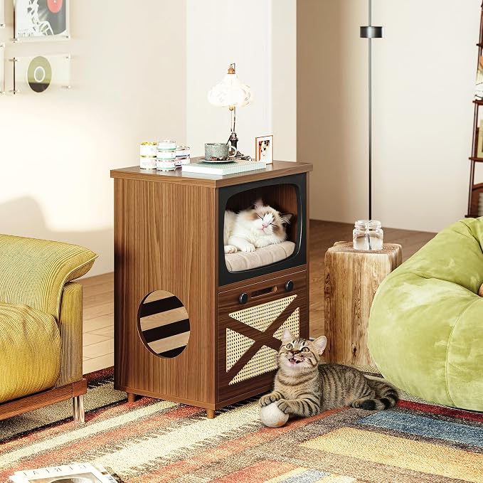 IRONCK 2-Tier TV Shaped Cat Litter Box Enclosure with Rattan Scratch Board | 2-in-1 litter cabinet. Fits standard litter boxes. 2-tier. Scratching board. Works as side table. Cat-friendly materials - Image 9