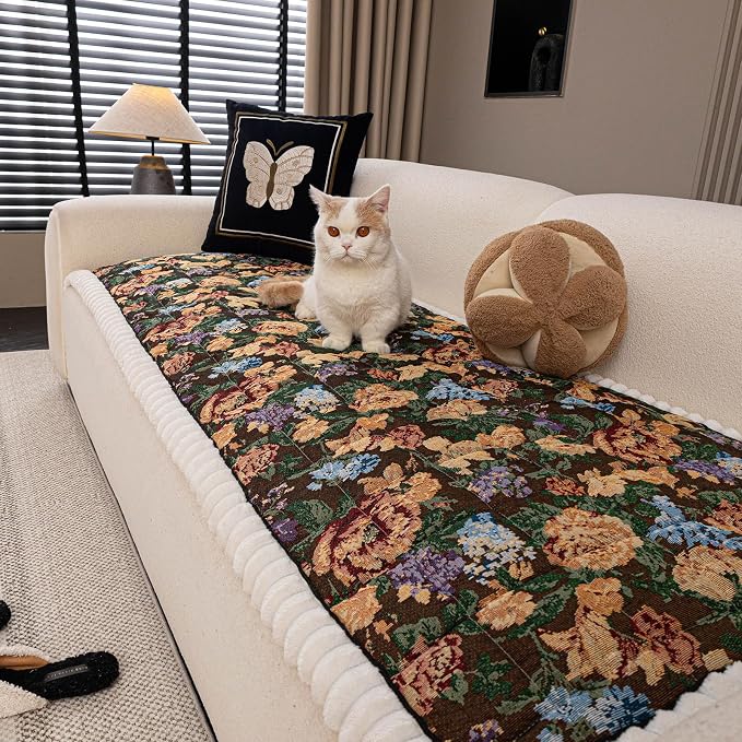 STACYPIK Thick Botanical Floral Pet Sofa Cushion Cover Washable Quilted Jacquard Couch Cushion Cover for 3 Seater Fuzzy Non Slip Couch Seat Slipcover Pet Friendly Mat Bed Garden Chic-27.6X70.9IN by STACYPIK
