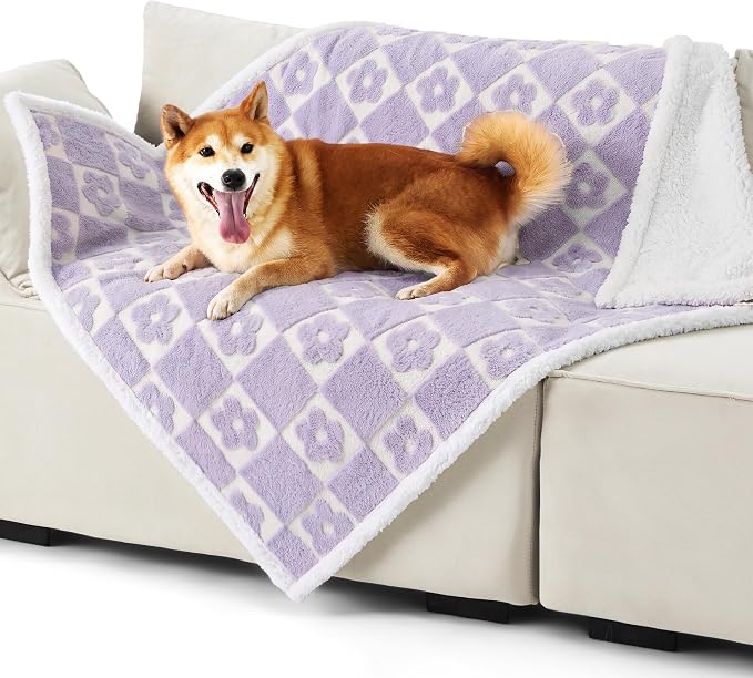 LE SURE Waterproof Dog Blankets for Large Dogs Cute Cozy 3D Jacquard,40x50 | Warm Soft Pet Blanket for Senior Dogs Aesthetic Gift, Washable Sherpa Throw,Reversible Couch Protector,Lavender Flower Checks - Image 6
