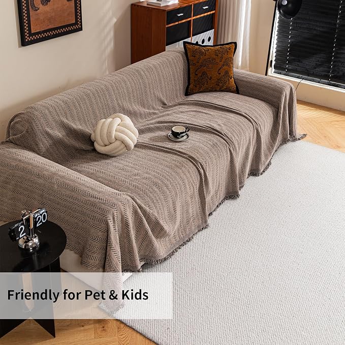Sofa Covers for 2 Cushion Couch Sofa, Loveseat Non Slip Couch Cover Chenille Strip Couch Throw Blankets with Tassel, Sectional Sofa Slipcover Furniture Protector for Pets, Kids 71"x118", Light Brown - Image 7