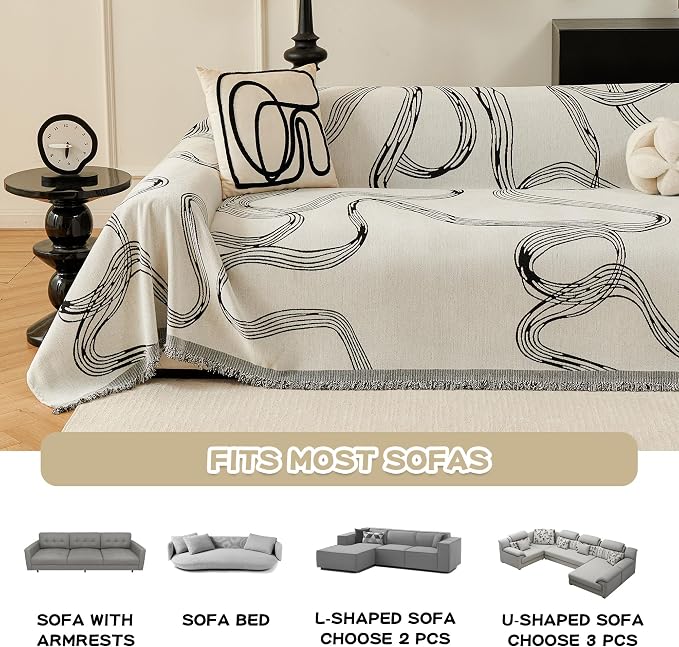 MEETSKY Boho Couch Cover Sofa Covers, Chenille Black Line Couch Covers for 2 Cushion Couch Sofa for Dogs, Washable Slipcover for Cat Sofa Protector with Tassels,71" x 118" - Image 6